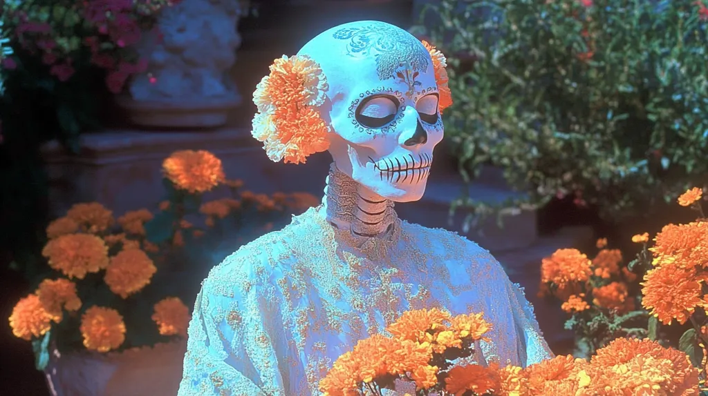 A skeletal figure adorned with a white skull mask and orange flowers is shown against a background of foliage. The figure's white dress is adorned with delicate lace and it stands among a cluster of vibrant orange marigolds. The image evokes a sense of the Day of the Dead celebration.