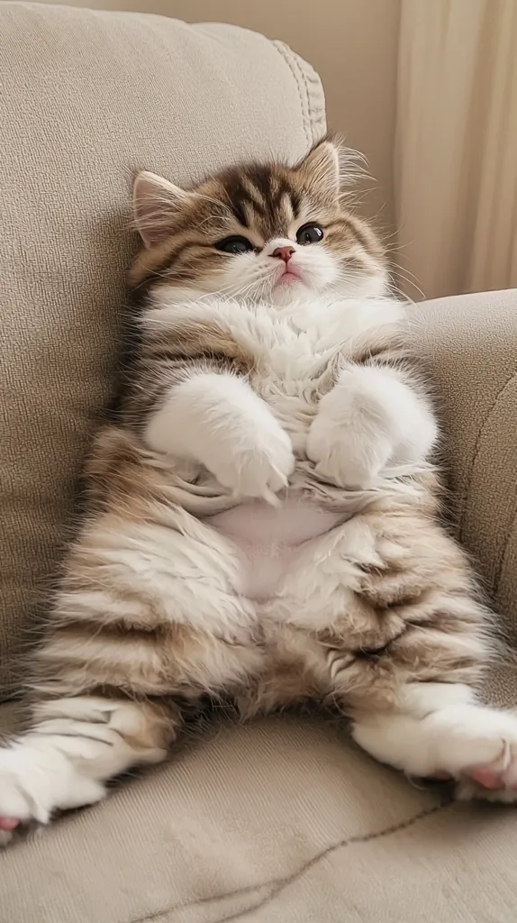 A fluffy brown and white cat with big, round eyes lays sprawled across a cream-colored couch. The cat's belly is exposed and its paws are extended outward, showing off its white fur. The cat looks relaxed and content, perhaps taking a nap.  The image is warm and inviting, with a sense of comfort and tranquility.