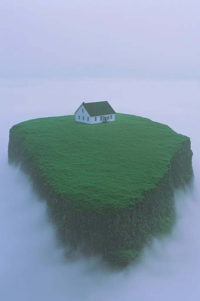 A small, white house sits on a grassy clifftop surrounded by thick fog. The house has a dark green roof and white walls, and it sits in the middle of the green grass. The cliff is steep and rocky, and the fog creates a sense of mystery and isolation. The scene is peaceful and serene, with a sense of tranquility and solitude.