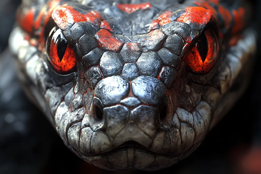 A close-up shot of a snake's face. The snake has black and grey scales with an orange stripe along its eye. Its eyes are bright red and piercing, and its mouth is slightly open, revealing its sharp teeth. The image is dark and moody, creating a sense of danger and mystery.