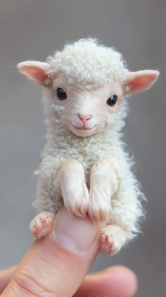 A small white lamb with fluffy white fur and big, dark eyes sits on a human finger. The lamb has a sweet expression on its face and appears to be very young. The lamb's fur is soft and cuddly, and its pink hooves are visible. The background is a neutral gray.  The lamb is being held by a human hand, and its eyes are looking directly at the camera.