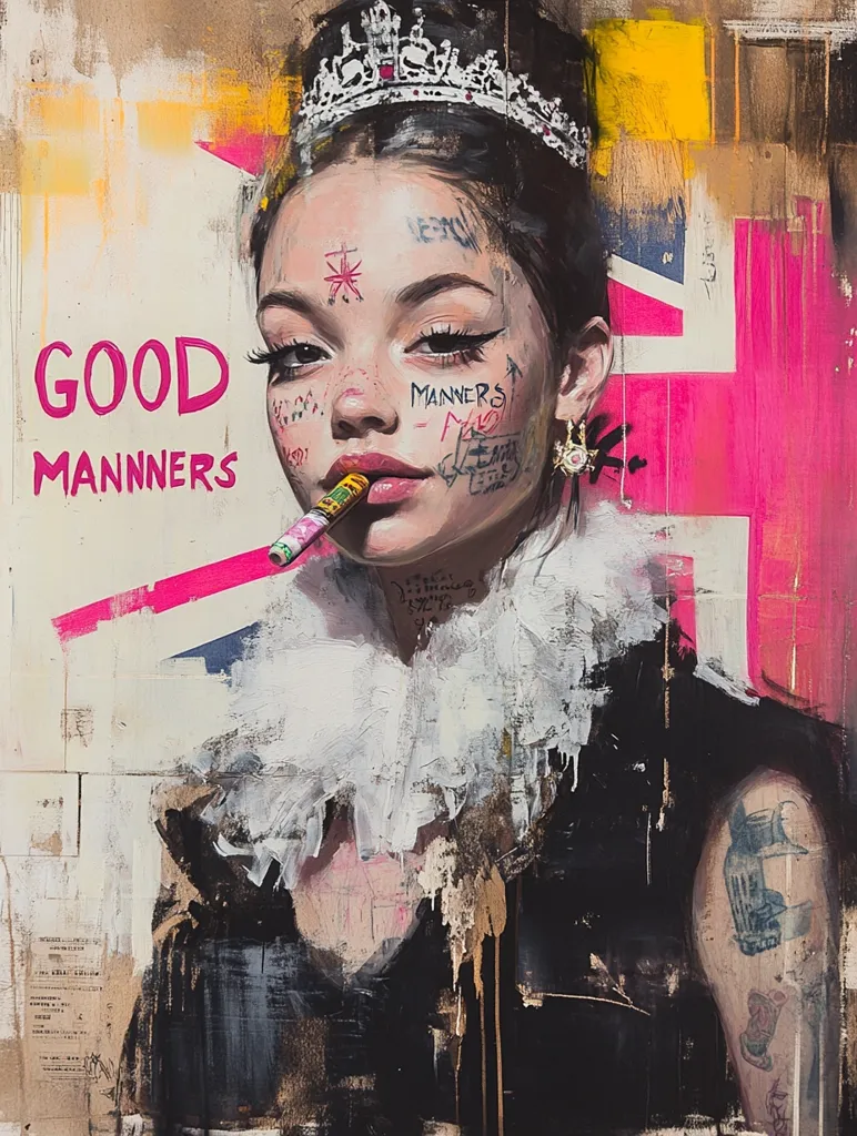The painting depicts a woman with a crown on her head and a cigarette in her mouth. She is wearing a black dress with a white collar. The background is a mix of abstract and realistic elements, including the Union Jack flag. Her face is covered in writing and markings, creating a sense of rebellion and defiance. The words "Good Manners" are written in pink letters on the left side of the canvas, adding a layer of irony and contradiction. The overall mood of the painting is one of defiance and rebellion against societal expectations.