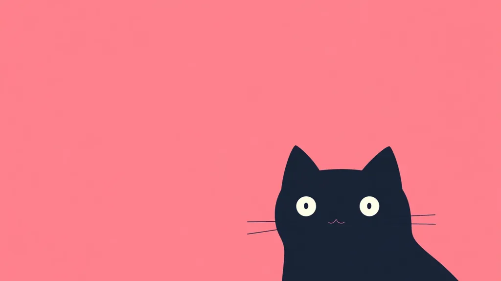 The image is a simple, minimalist design featuring a black cat with large eyes and a slight smile. The cat is set against a solid, bright pink background. The cat is facing the right side of the image, with only the left side of its body visible. The image has a playful and lighthearted feel.