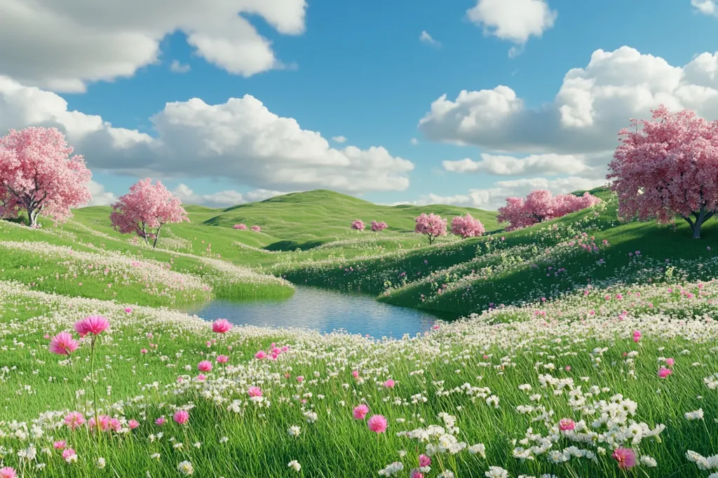 A serene landscape unfolds with rolling green hills, a sparkling blue pond, and vibrant pink cherry blossoms.  The sky is a clear blue, dotted with fluffy white clouds. Delicate white wildflowers carpet the hillside, creating a breathtaking natural tapestry. The gentle breeze rustles through the leaves, adding a soothing touch to this idyllic scene.