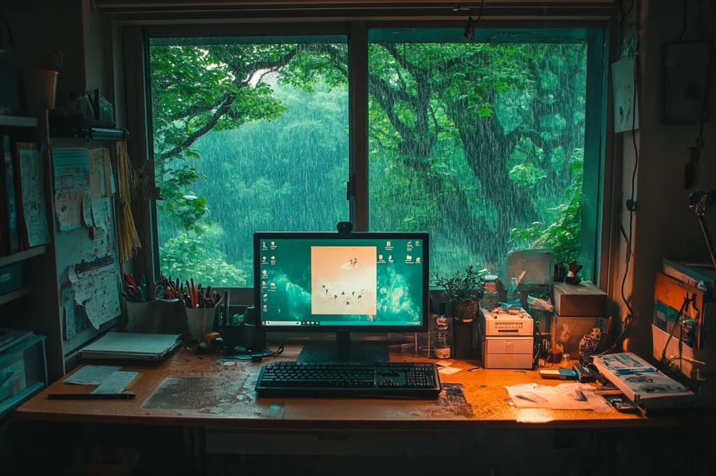 A desk sits beside a large window overlooking a lush green forest. The window is open and rain is falling, creating a moody and peaceful atmosphere. A computer screen is lit up, casting a warm glow on the desk. The scene is a perfect blend of nature and technology, creating a sense of tranquility and inspiration.  The desk is cluttered with objects, suggesting a workspace that is both productive and personal.