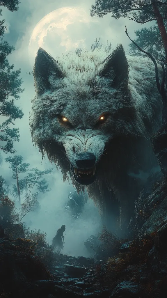 A large, menacing wolf with glowing eyes stands against a misty, moonlit background. The wolf's head fills the frame, its teeth bared in a menacing snarl. A lone figure walks away from the wolf on a rocky path through the forest, their silhouette barely visible in the dense fog. The image evokes a sense of fear and isolation.