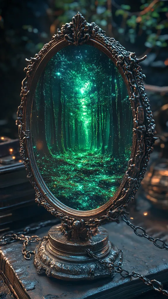 A vintage, ornate mirror reflects a magical forest scene. The forest floor is covered in twinkling, emerald green lights, creating a mystical and enchanting atmosphere. The mirror is adorned with intricate carvings and rests on a weathered, dark surface, suggesting a sense of age and mystery.  Chains are wrapped around the base of the mirror, adding to its enigmatic appeal.