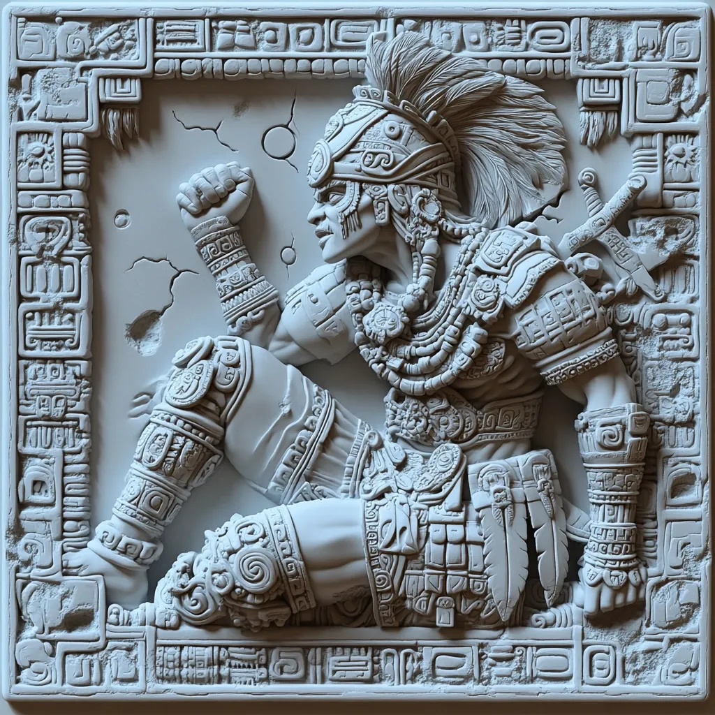 A detailed, 3D-printed relief sculpture depicting a warrior from ancient Mesoamerica. The warrior is clad in ornate armor and headdress, holding a weapon. The sculpture is framed by a stylized border with intricate patterns. The piece captures the warrior's fierce expression and the grandeur of ancient civilizations.  The white color enhances the details and intricate carvings of the sculpture.  The surface shows slight cracks, lending a sense of age and authenticity to the piece.