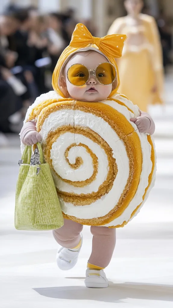 A baby is dressed in a costume resembling a swirl cake with white frosting. The baby is wearing yellow and white clothing, sunglasses, and a yellow bow on their head. They are holding a green handbag and walking towards the camera.  The baby is standing on a white surface, with a blurry background of people and white decorations.
