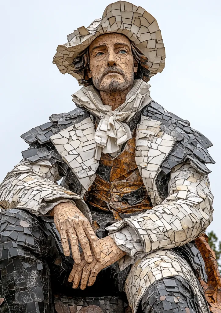 A mosaic statue of a man wearing a large hat and a coat. The statue's face is weathered and the man's hands are resting in his lap. The statue is composed of many small pieces of tile, which give it a textured and fragmented appearance. The background is a cloudy sky.