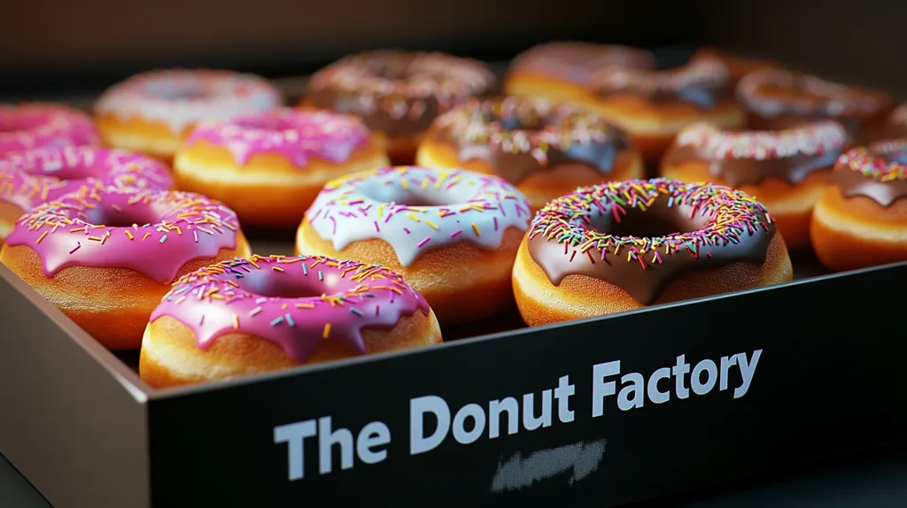 A close-up shot of a box of donuts from "The Donut Factory." The box is filled with a variety of donuts, including chocolate, pink, white, and sprinkles. They look fresh and delicious. The box is black with white lettering.  The donuts are arranged in a row, showcasing their colorful toppings. The image captures the tempting allure of freshly baked donuts.