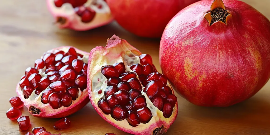 The image shows three pomegranates on a wooden table. One pomegranate is whole and two are cut open to reveal the red arils, also known as seeds, inside. The pomegranates are a vibrant red color and the arils are shiny and juicy. The image is a close-up shot and the background is blurred.  The image is a still life.