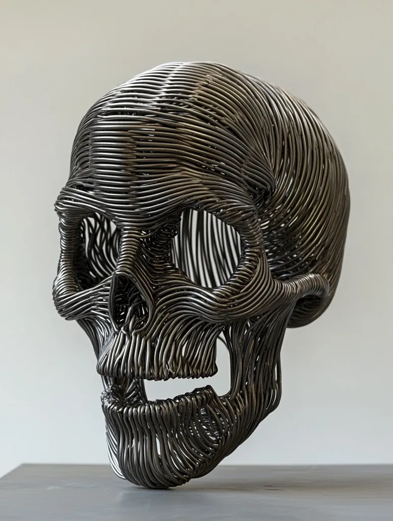 A wire sculpture of a human skull, crafted from tightly wound metal wires, sits on a dark gray surface. The intricate details of the skull are meticulously rendered, with the eyes, nose, and mouth clearly defined. The sculpture is bathed in soft light, highlighting its textured surface and emphasizing its abstract form.  The  metal wires are all the same color, creating a monochromatic aesthetic. The sculpture evokes a sense of both beauty and mortality.