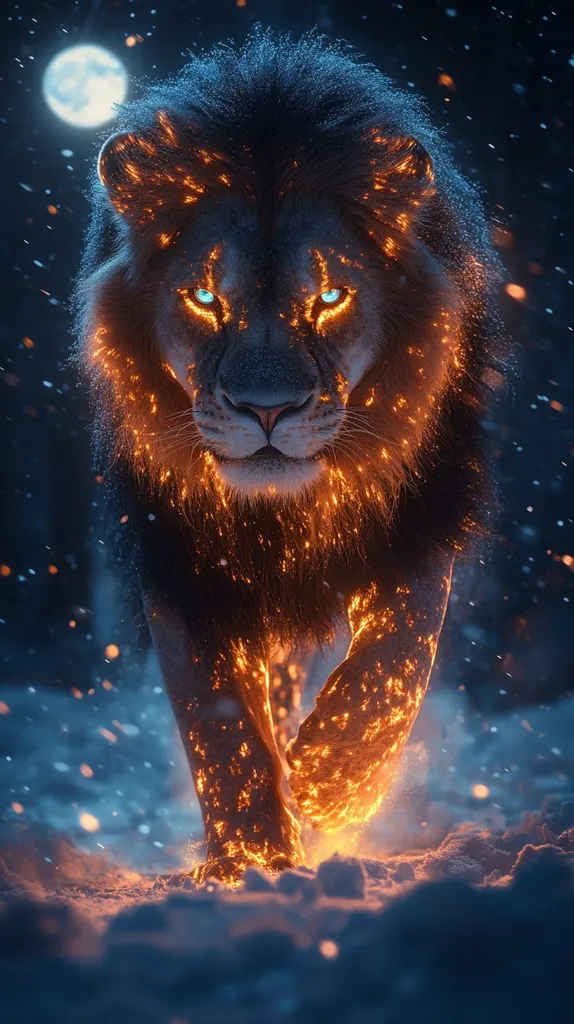 The image depicts a majestic lion walking through a snowy landscape. Its fur glows with a fiery orange, contrasting with the cold white snow and the moonlit night. The lion's eyes gleam with a fierce blue light, highlighting its powerful presence. The image suggests a sense of strength and determination, perhaps symbolizing overcoming adversity or the clash of contrasting forces.