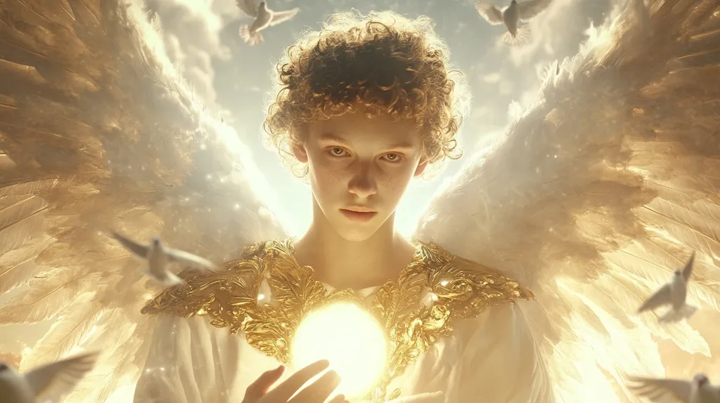 A young angel with curly blonde hair and large, sorrowful eyes stands against a backdrop of golden light and ethereal white feathers. The angel is dressed in white robes adorned with gold, and holds a glowing orb in their hand. The image evokes a sense of divine presence and purity, with doves flying around the figure. The soft, ethereal quality of the image creates a sense of peace and tranquility.