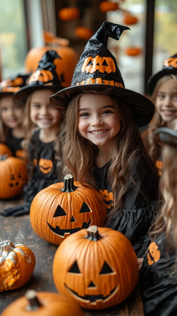 A young girl wearing a black witch hat smiles brightly, surrounded by other children and pumpkins. The scene is decorated with Halloween-themed pumpkins, creating a festive and playful atmosphere. The girl's vibrant smile and the festive decor capture the spirit of Halloween.