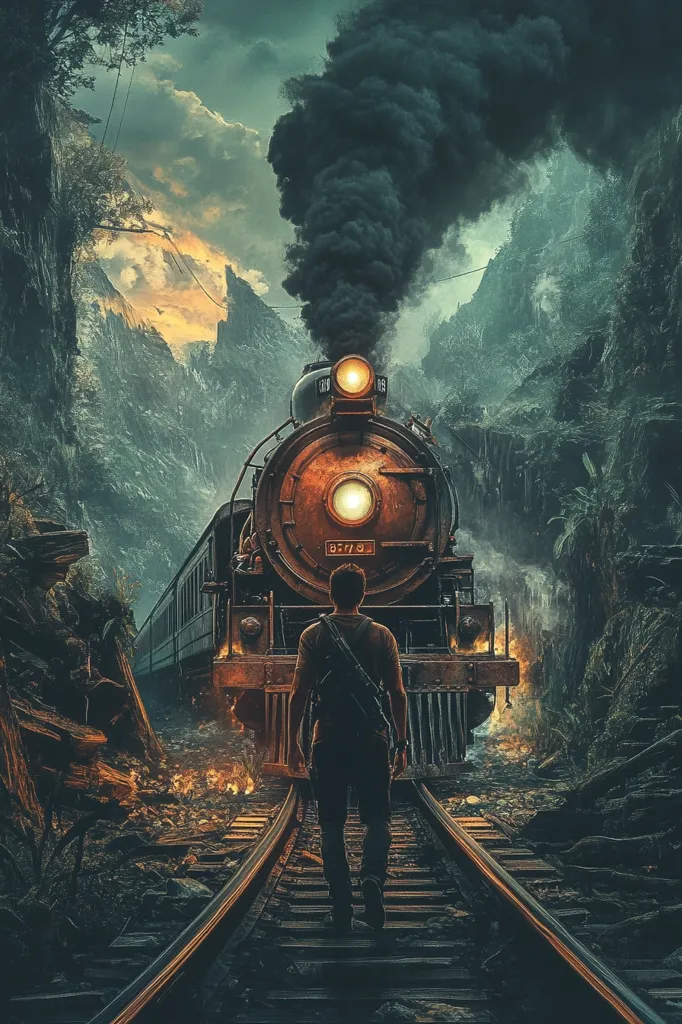 A lone figure walks towards a vintage steam train chugging through a dense jungle. The train is emitting plumes of black smoke, and the landscape is overgrown and shrouded in mist. The image evokes a sense of adventure and mystery, hinting at a journey into the unknown. The lighting is dramatic, with the train's headlights casting a warm glow against the dark surroundings. The overall mood is one of anticipation and excitement.