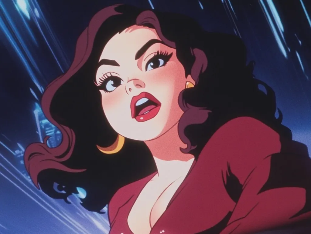 The image depicts a stylized, anime-inspired woman with long, dark hair and large, expressive eyes. She is wearing a red dress and has a surprised expression on her face. The background is a blur of blue and purple, with lines suggesting movement and speed. The overall style is reminiscent of 1980s animation, with bold colors and exaggerated features.