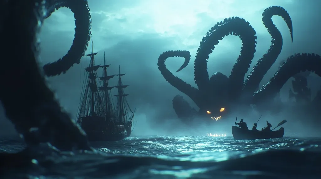 A menacing, shadowy kraken looms over a sailing ship in the middle of the ocean. The kraken’s glowing eyes and sharp teeth are visible. A small rowboat with three people inside is in the foreground, bravely facing the colossal sea monster. The scene is dark and dramatic, creating a sense of impending doom.