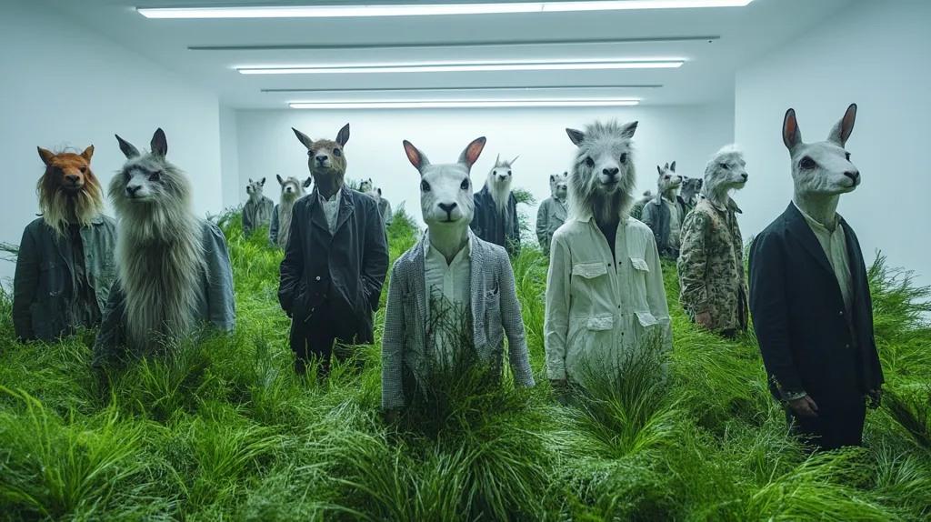 A group of people wearing animal masks stand in a field of tall grass. They are all dressed in casual clothing and appear to be looking at something in the distance. The masks are realistic and the overall scene has a surreal and unsettling feel. The bright white background of the room makes the scene more dramatic.  The lighting is dim, highlighting the masks.
