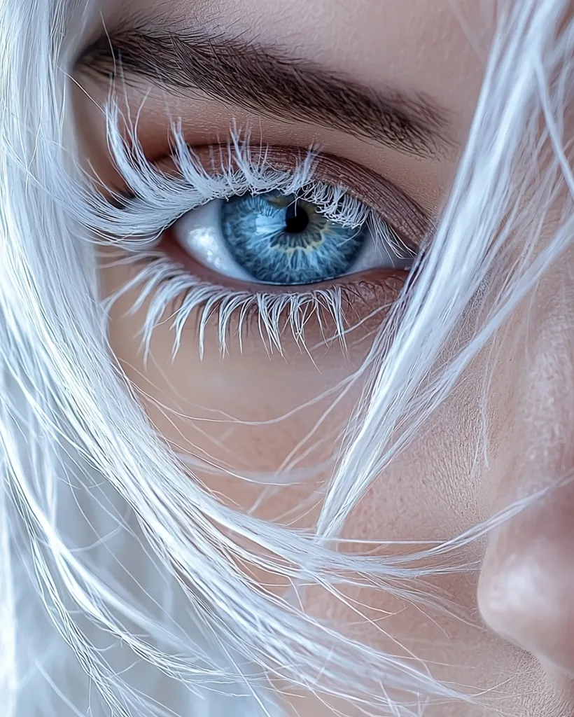 A close-up shot of a woman's eye, showcasing long, white eyelashes that stand out against her fair skin.  The blue iris is the focal point, surrounded by white strands of hair that cascade across her face.  The image captures the intricate details of the eye and hair, creating a captivatingly ethereal and feminine aesthetic.