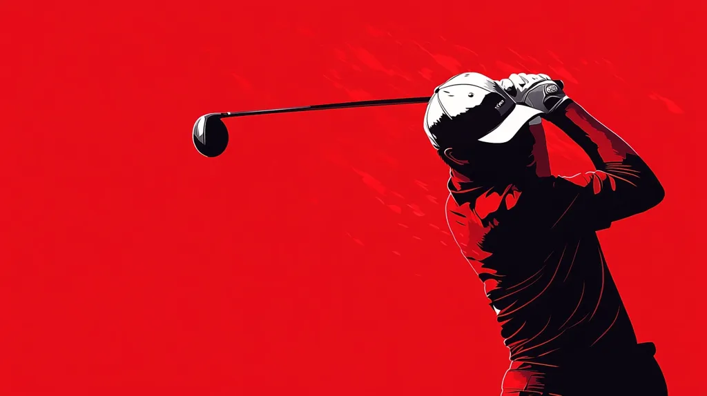 A golfer, wearing a white cap, swings his club in a dramatic pose. The golfer is silhouetted against a vibrant red background, emphasizing the power and focus of the swing. The image captures the essence of the sport, with a dynamic and minimalist style.