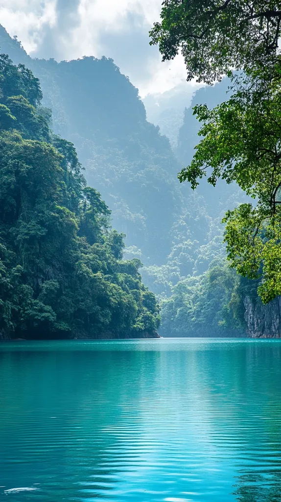 A serene landscape with a tranquil turquoise lake nestled between lush green mountains. The water is still and reflects the surrounding trees, creating a mirror-like effect. Overhanging trees frame the scene, their branches reaching towards the sky. The air is filled with a sense of peace and tranquility.