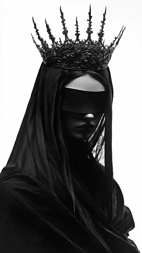 The image shows a woman wearing a black crown and a long black veil, her eyes are covered with a black blindfold. The image is in black and white, creating a mysterious and dramatic atmosphere. The woman's expression is hidden behind the veil, adding to the sense of intrigue. The image evokes a sense of power and mystery.  The image is taken from a low angle, which emphasizes the woman's height and dominance.