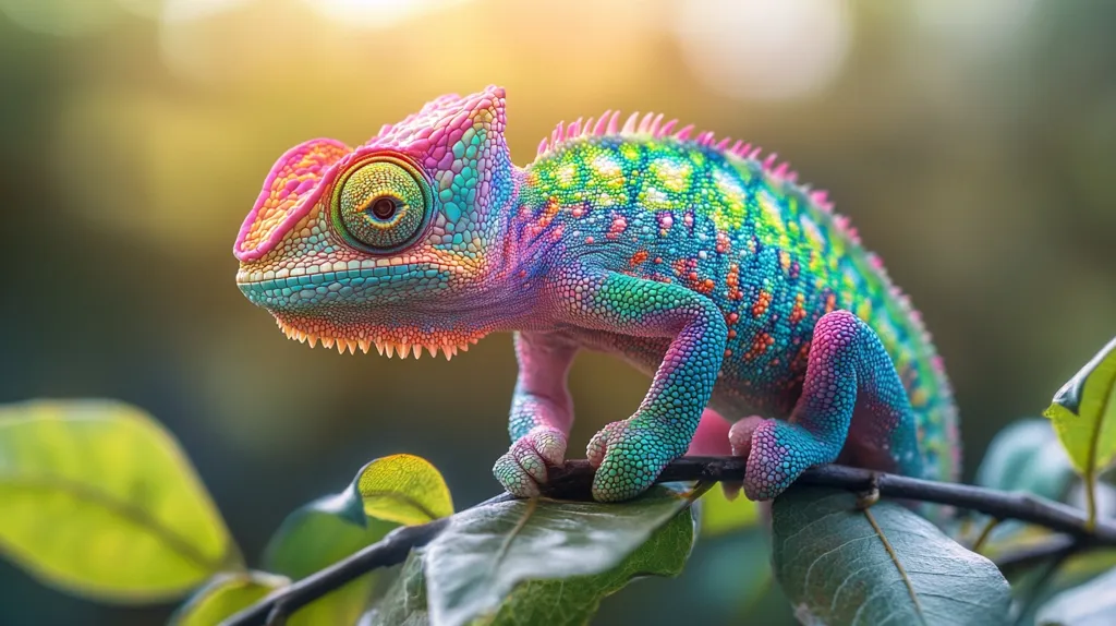 A vibrant, multi-colored chameleon perches on a branch, its iridescent scales shimmering in the sunlight. Its bright green, blue, pink, and yellow hues stand out against the lush green foliage, creating a captivating contrast. The chameleon's large, mesmerizing eye fixes on something in the distance, showcasing its unique ability to independently rotate its eyes. The image captures the beauty and intrigue of this fascinating reptile in its natural habitat.
