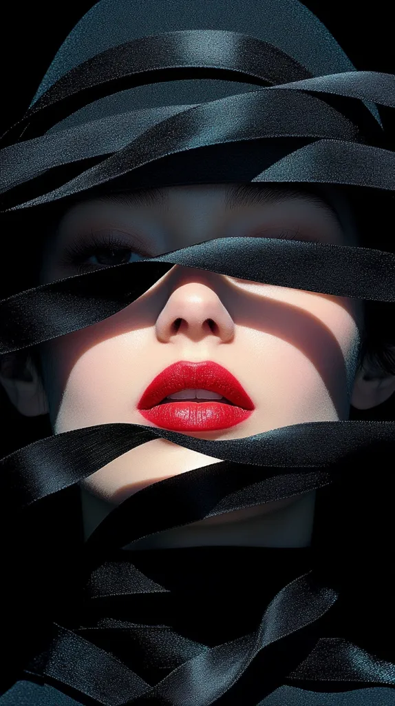 A woman's face is partially obscured by black ribbons. Her eyes are hidden, but her nose and lips are visible. Her lips are painted a bright red. The image is shot in a dark, moody style.  The focus on the lips suggests mystery and sensuality.  The black ribbons create a sense of intrigue and secrecy.