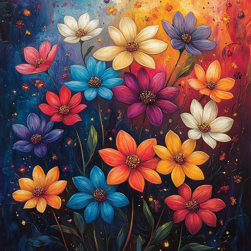 The image depicts a vibrant floral bouquet set against a dark, textured backdrop. The flowers, in shades of white, yellow, orange, red, purple, and blue, are arranged in a chaotic yet harmonious composition. The painting captures the beauty and variety of nature, with each flower uniquely rendered with intricate details and textures. The overall effect is one of playful energy and joyful celebration.