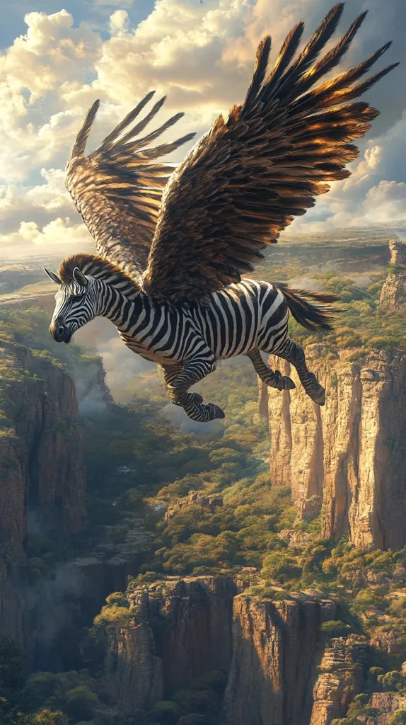 A zebra with large brown wings flies over a canyon with lush green trees and rocky cliffs. The zebra's wings are spread out, and its striped body is visible. The sky is a bright blue with fluffy white clouds. The zebra appears to be soaring through the air with ease. The image is a fantastical depiction of a mythical creature.