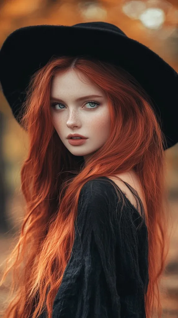 A young woman with long, flowing red hair gazes intently at the camera. She is wearing a black hat that casts a shadow across her face, highlighting her bright green eyes. Her skin is fair, and she is wearing a black top that blends into the background.  The warm tones of the background suggest a natural setting, perhaps a forest or a field. The overall mood of the image is mysterious and alluring.