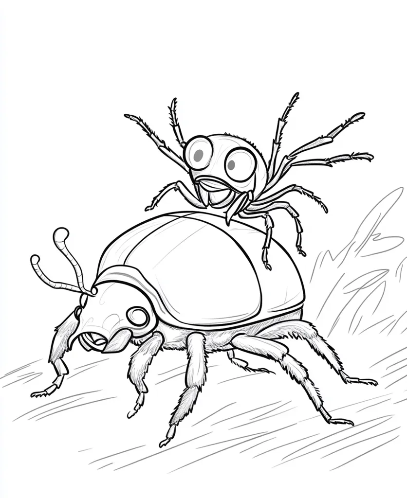 A cartoon beetle with hairy legs is walking on a branch, with a cartoon spider sitting on top of its back. The spider has eight legs and big eyes. The beetle is also shown with big eyes. The drawing is black and white.  The line art shows the detail in the legs and the texture of the branch. The beetle and spider look friendly.