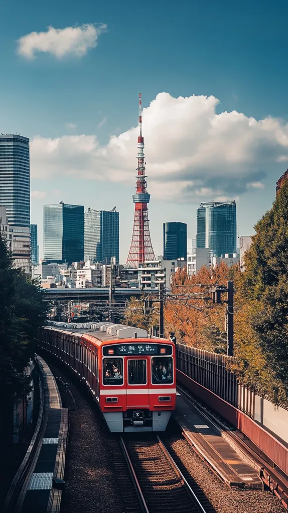 A red train speeds along a railway track in the foreground, passing under a bridge and through a cityscape.  The Tokyo Tower is visible in the background, with tall buildings and clouds in the sky.  The image has a vintage, film-like quality.  The train is a focal point, and the cityscape acts as a backdrop.