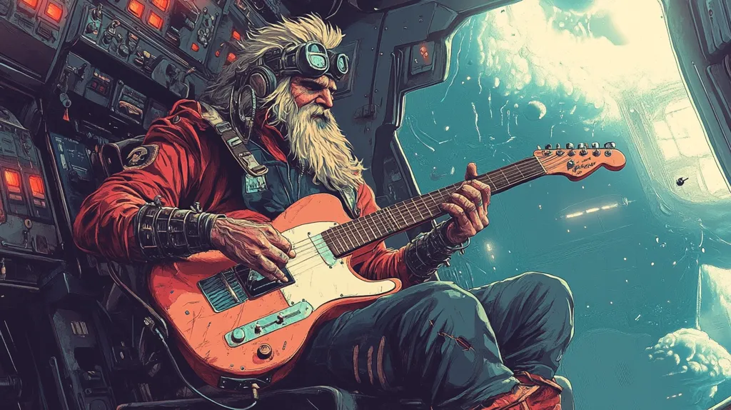 A man with a long white beard and goggles sits in a futuristic spacecraft, playing an electric guitar. He is dressed in a red jacket and blue jeans and is wearing a metal bracelet on his left arm. The spacecraft has a window that looks out onto a vast, cloudy expanse of space.  The man’s face is focused and intense as he plays, suggesting he is deeply engrossed in his music.