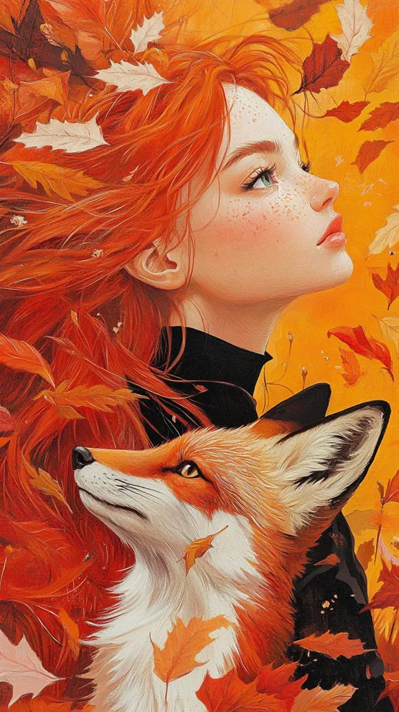 A young woman with long, flowing red hair is depicted with a fox. The woman's face is turned upwards, and she has freckles and blue eyes. She is surrounded by falling autumn leaves in shades of orange and brown. The fox is a vibrant orange and white, and it is looking up at the woman. The image evokes a sense of peace and tranquility.