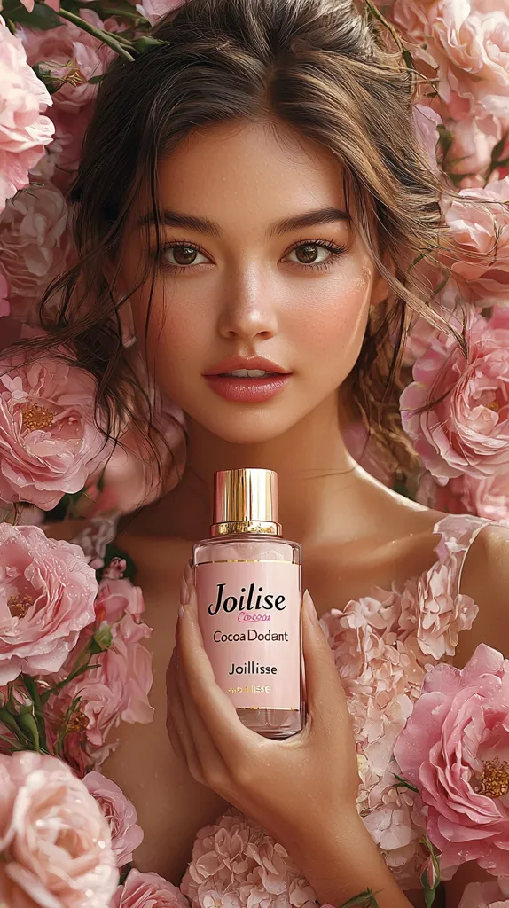 A young woman with long brown hair and flawless skin is surrounded by pink flowers. She is holding a bottle of Joilise Cocoa Dodant perfume in her right hand.  The bottle has a gold cap and a pink and white label with the brand name and product information.  The image is soft and feminine with a romantic feel.  The woman's eyes are looking directly at the viewer.  The background is blurred, making the woman and the perfume bottle the focal point of the image.