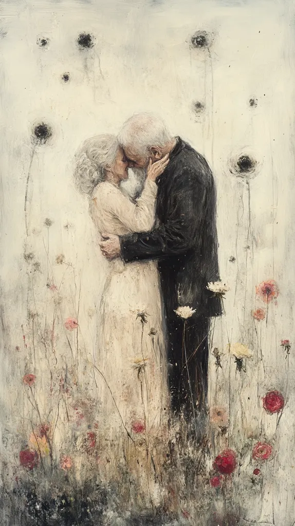 The painting depicts an elderly couple embracing and kissing in a field of wildflowers. The woman is wearing a white dress and the man is wearing a black suit. The background is a soft, muted palette with delicate wisps of white. The overall tone of the painting is one of love, tenderness, and the passage of time. The couple's embrace is both intimate and heartfelt, suggesting a deep and enduring bond. The flowers symbolize growth, beauty, and the fleeting nature of life.