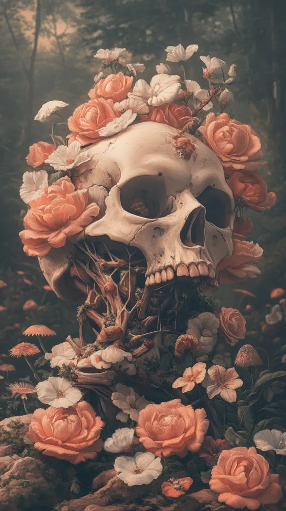 A human skull is adorned with a crown of peach-colored roses and white flowers. The skull is nestled in a bed of similar blooms, creating a striking contrast between life and death. The flowers are arranged with delicate precision, and the skull's empty eye sockets seem to gaze out at the viewer with a melancholic air. The background is a blurred forest, adding a sense of mystery to the scene. The image has a dark and haunting beauty, exploring the themes of mortality and the fleeting nature of life.
