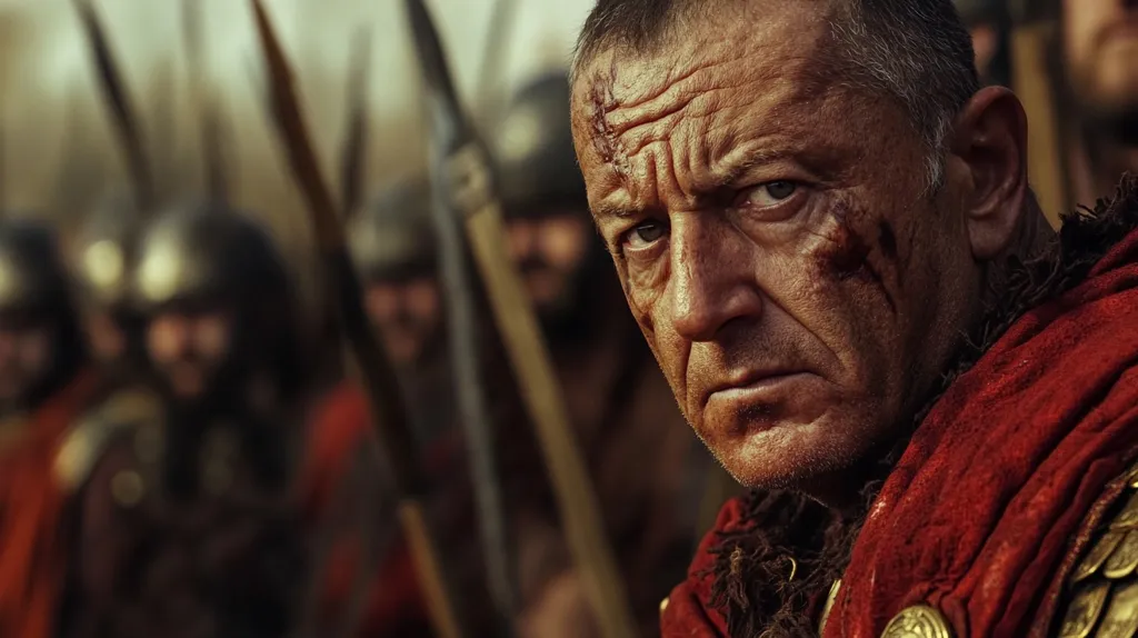 A close-up portrait of a weathered warrior, his face marked with battle scars. He stands amongst his comrades, their helmets and weapons barely visible in the background, creating a sense of anticipation and urgency. The warrior's stern expression and determined gaze suggest a man hardened by war. The red cloak and golden armor add to the image's sense of history and power.