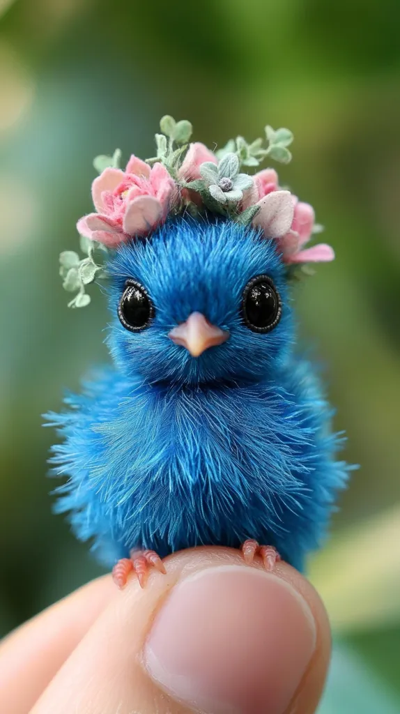 A small, fluffy blue bird with large, dark eyes is perched on a finger. The bird is wearing a crown of pink and white flowers, creating a whimsical and adorable appearance. The bird's feathers are soft and blue, making it look like a miniature stuffed animal. The image captures the bird's delicate beauty and innocence.