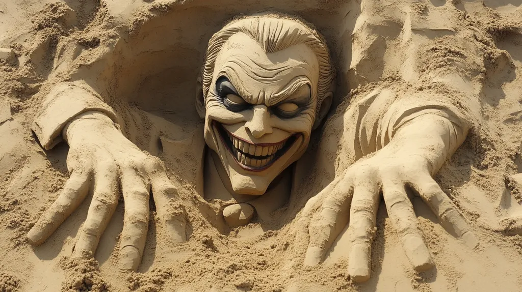 A sand sculpture of a man with a sinister grin is half-buried in the sand. The sculpture is detailed, with visible eyes, teeth, and hair. The man's hands are outstretched on either side of his head. The sand is a light brown color, and the sculpture is a darker brown. The image evokes a sense of mystery and intrigue.  The image is likely depicting a well-known character from pop-culture.