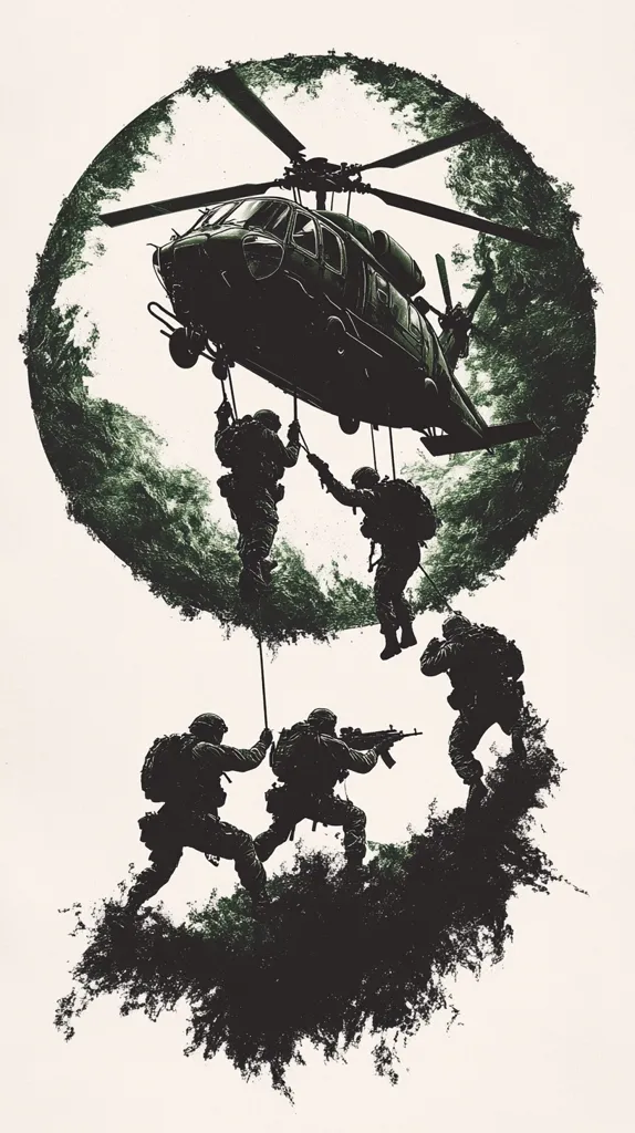 A blackhawk helicopter is silhouetted against a green and white background. Four soldiers are rappelling from the helicopter. Two soldiers are on the ground below, aiming weapons. The image is a powerful depiction of military action and heroism.