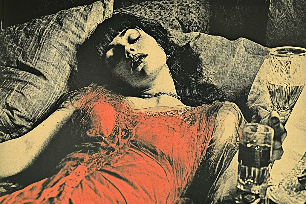 The image depicts a woman lying on a bed, her face partially obscured by dark hair. She wears a red dress with lace detailing. Her eyes are closed and her mouth is slightly open. There is a glass of liquid in her hand and a glass of liquid on the bed beside her. The image is rendered in muted, sepia tones. The overall mood is one of quiet contemplation and possible melancholy.