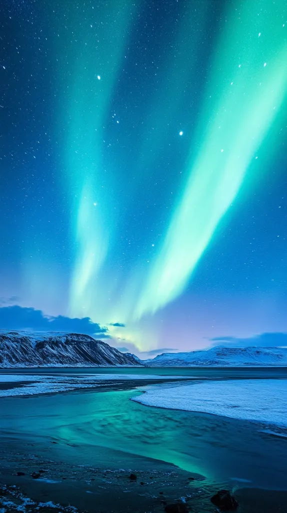 A stunning view of the aurora borealis, also known as the Northern Lights, illuminating the night sky above a frozen landscape. Two vibrant green bands of light dance across the horizon, creating a mesmerizing spectacle. The stars twinkle above, reflecting in the calm, icy water. The scene evokes a sense of awe and wonder at the beauty of nature.