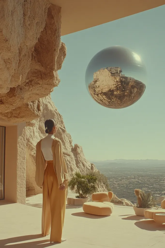 A woman in a cream-colored outfit stands on a patio overlooking a valley. A large, reflective orb hangs in the sky, reflecting the scene below. The patio is furnished with modern, cream-colored lounge chairs, and the surrounding landscape is rocky and desert-like. The image is saturated in warm, golden tones, creating a surreal and dreamlike atmosphere.