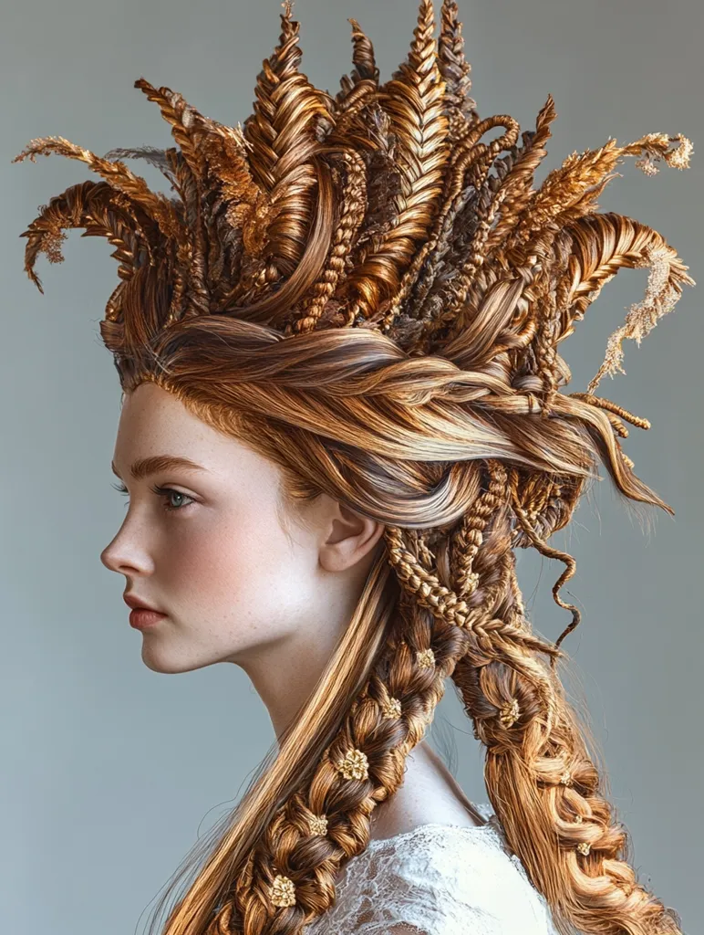 A woman with long, flowing red hair styled into intricate braids and a crown of woven braids sits against a neutral background. The braids are adorned with small, gold flower accents, and the crown is a dramatic, elaborate design. Her expression is serious and slightly pensive. The lighting highlights the texture of her hair and the intricate detail of the styling.