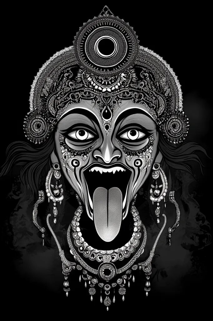 The image is a black and white illustration of a Hindu deity, likely Kali or Durga. Her face is fierce with large eyes, bared teeth, and an extended tongue. She wears intricate jewelry, including a crown, earrings, and a necklace, all adorned with detailed patterns. The background is a dark, swirling pattern, suggesting a chaotic or powerful atmosphere.  The overall image conveys a sense of power, energy, and spiritual intensity.