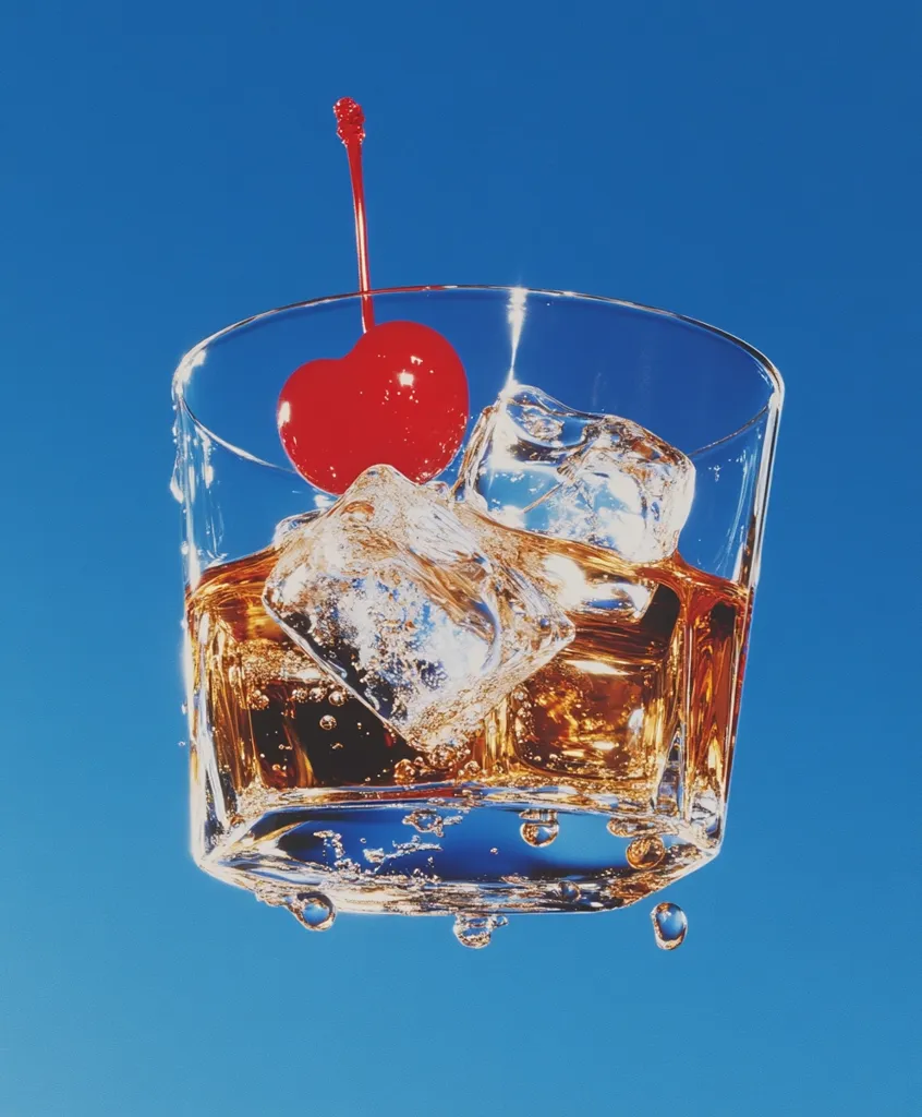 A glass of amber liquid with ice cubes and a red cherry on a stem is suspended against a bright blue sky. Water droplets are dripping from the bottom of the glass, suggesting that it is upside down. The image evokes a sense of playful summery refreshment.